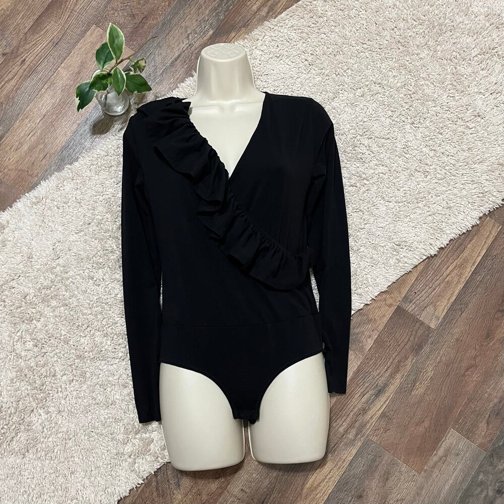 J.crew Small Black Ruffle Faux Wrap Long Sleeve V-Neck Full Coverage Bodysuit